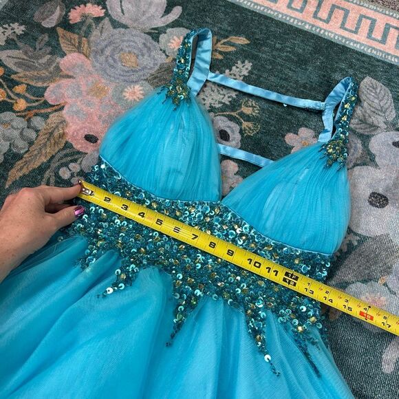 Sherri Hill Dress sz 4 Turquoise blue Sequins V Neck Mini Tulle Open Back Short - Picture 15 of 16